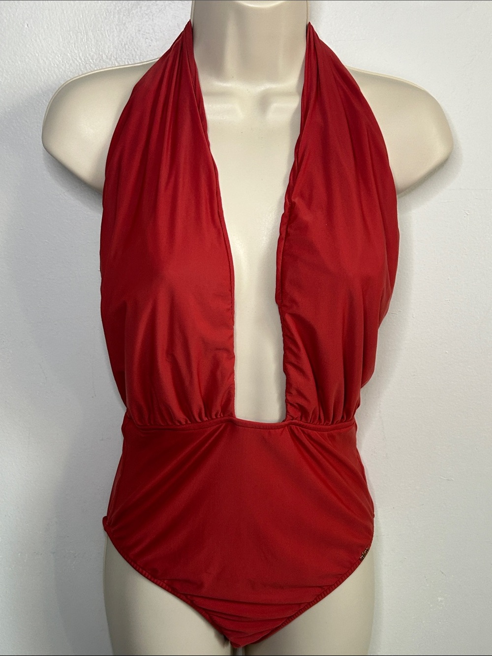 Salinas Red Orange Halter Plunge One-Piece Bathing Swimsuit